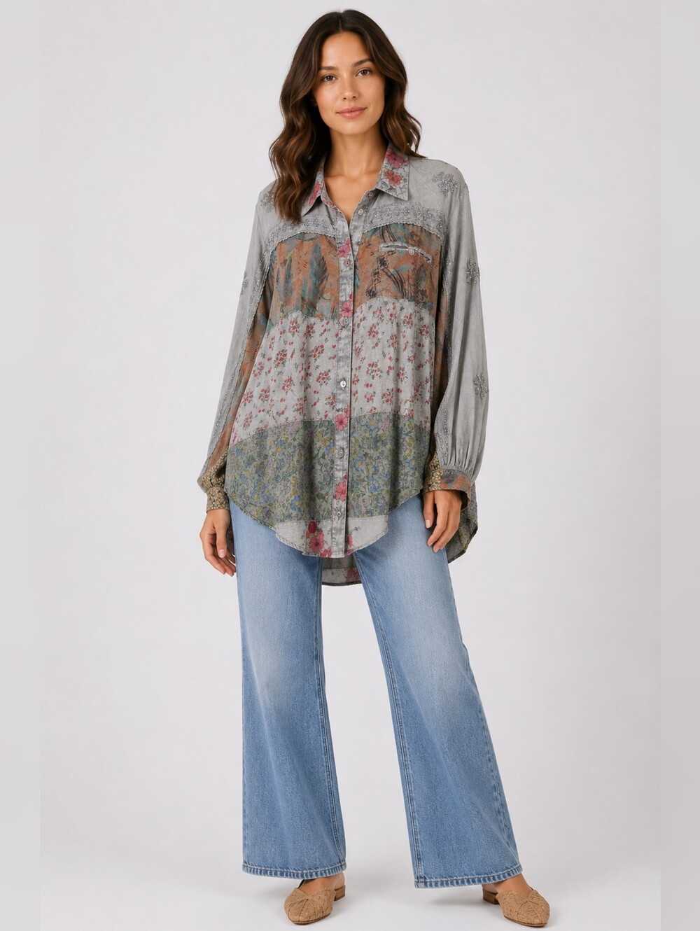 Young Threads Embroidered Patchwork Boho Tunic Blouse Gray Floral Oversized M
